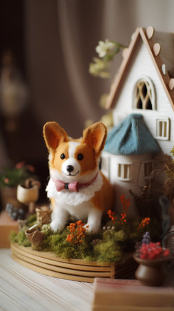 Welsh corgi dog with gingerbread house on green moss.の素材