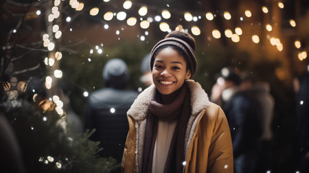 Portrait of smiling african american woman in yellow coat and hat walking at Christmas marketの素材