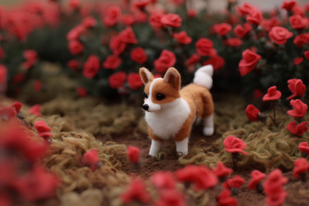 Welsh Corgi dog with red roses background. Selective focus.の素材