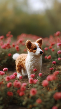 Dog in chrysanthemum flower garden, shallow depth of fieldの素材