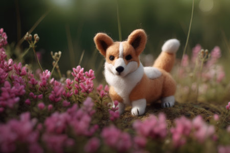 Welsh corgi pembroke puppy sitting in pink flowersの素材