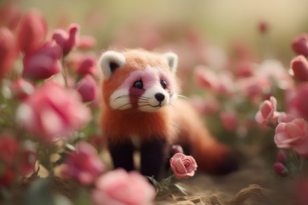 Red panda in tulip flower garden,selective focus.の素材