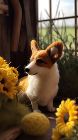 Pembroke Welsh Corgi puppy with yellow flowers.の素材