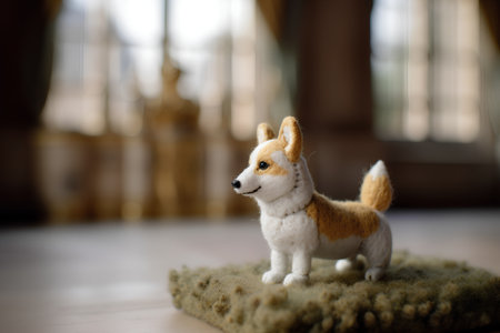 Welsh corgi dog sitting on a green carpet in the roomの素材