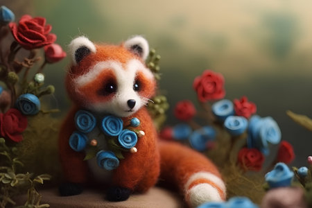 Cute red panda doll with flowers in the background, vintage styleの素材