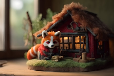 Cute red fox sitting in front of a wooden house with a toy houseの素材