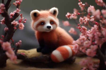 Cute red panda bear sitting on a branch with pink flowersの素材