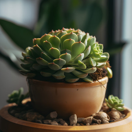 Succulent plants in a pot on the windowsill, selective focusの素材