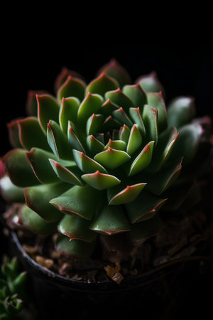 Succulent plant on black background, close up, selective focusの素材
