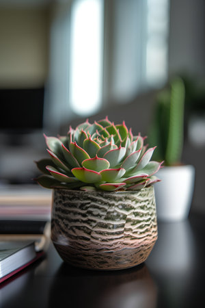 Succulent plant in a pot on a desk in the officeの素材
