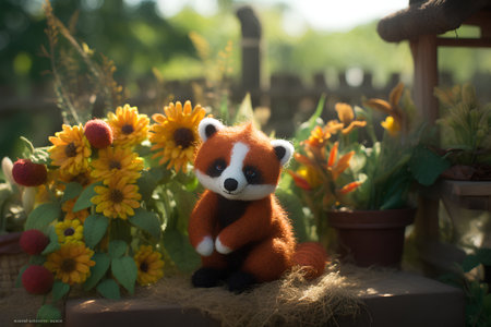 Red panda doll and sunflowers in the garden. Selective focusの素材