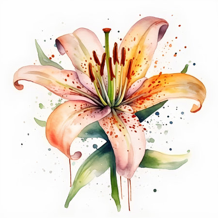Lily flower. Hand drawn watercolor illustration isolated on white backgroundの素材
