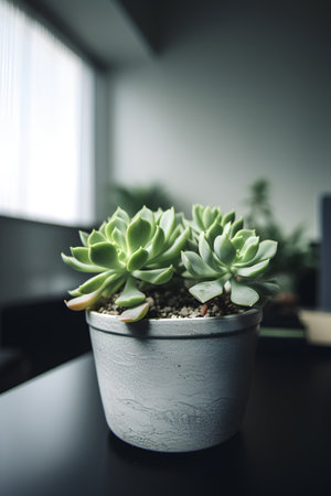 Succulent plants in a pot on a table in a roomの素材