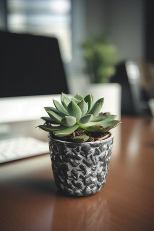 Succulent plant in a pot on a desk in the officeの素材