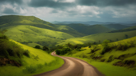 Landscape of green hills and road in the mountains at sunset.の素材
