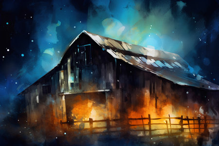 Watercolor painting of an old wooden farm house in the village.の素材