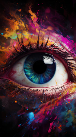 Beautiful female eye with abstract colorful background. Computer generated illustration.の素材