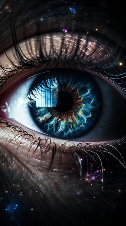 Human eye in space with stars and nebula. 3D renderingの素材