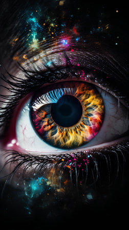 Close up of female eye with cosmic space background. 3D renderingの素材