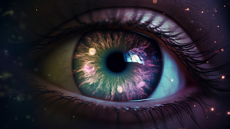 Eye in space with stars and nebula. 3D illustration.の素材