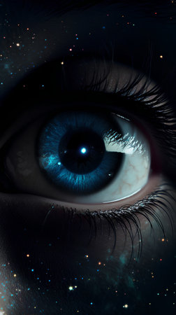 Beautiful blue female eye with cosmic space background. 3D renderingの素材