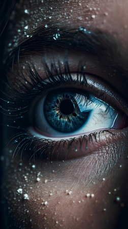 Close up of woman's blue eye with snowflakes effect.の素材