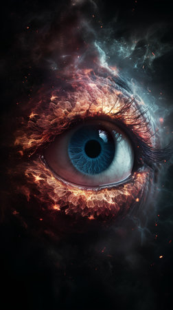 Eye in space with fire effect. Abstract background. 3D renderingの素材