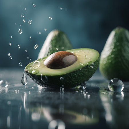 Fresh ripe avocados with water drops on a dark background.の素材