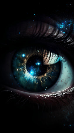 Eye in space with stars and space in the universe. 3D renderingの素材