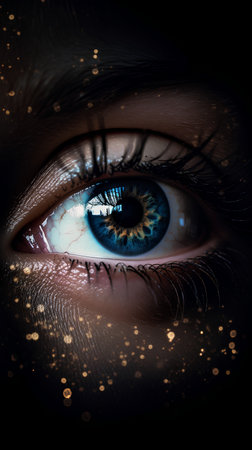 Close up of female blue eye with golden glitter effect. 3D renderingの素材