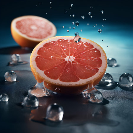 Slices of grapefruit and ice cubes on a dark backgroundの素材