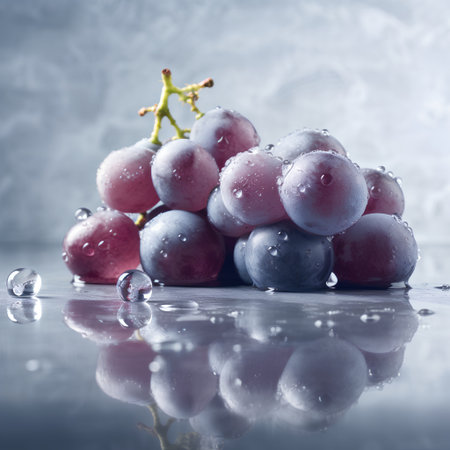 Bunch of red grapes with water drops on a gray background.の素材