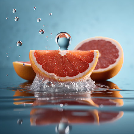 Grapefruit with water drops on a blue background. 3d illustrationの素材