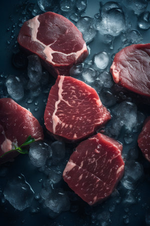 Raw beef steaks with ice cubes on black background. Toned.の素材