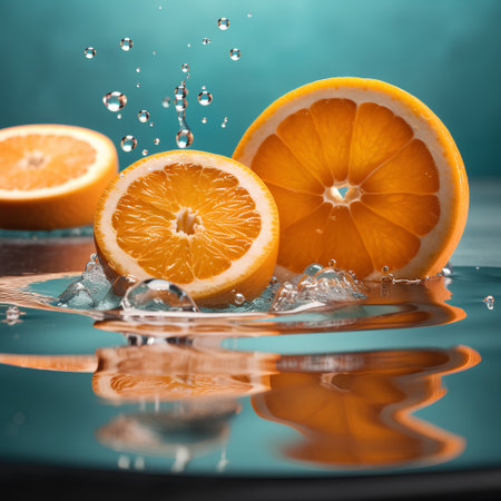 Slices of orange in water with splash on blue background.の素材