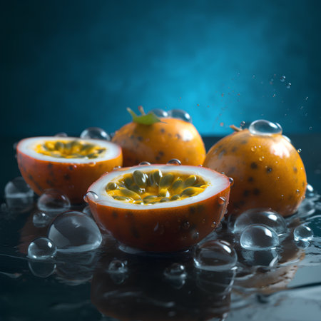 Passion fruit with water drops on dark background. Tropical fruit.の素材