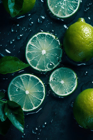 Fresh lime slices and mint leaves on black background. Toned.の素材