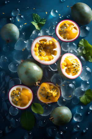 Passion fruit with ice cubes and mint leaves on dark blue backgroundの素材