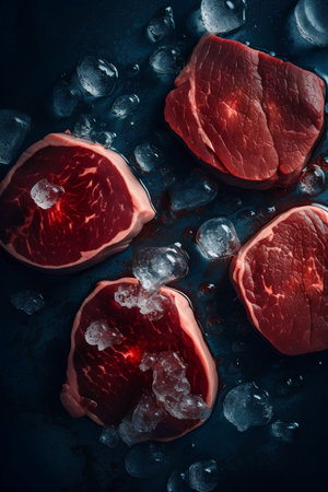 Raw beef steak and ice cubes on dark blue background. Toned.の素材