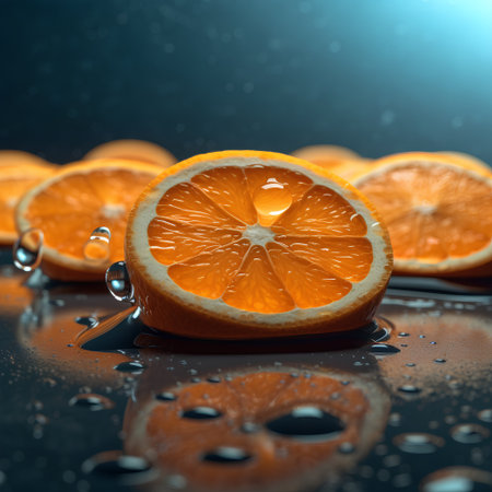 Slices of orange and water drops on a dark background.の素材