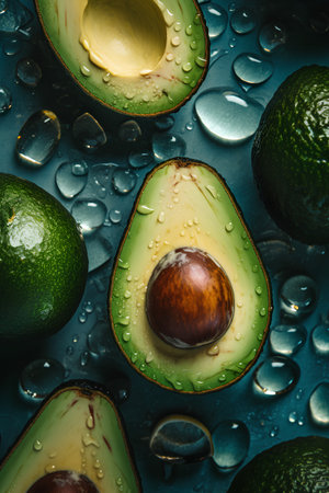 Ripe avocados with water drops on blue background, top viewの素材