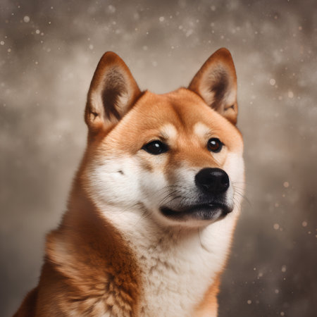 Portrait of a beautiful shiba inu dog on a snowy background.の素材
