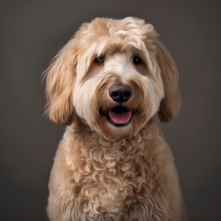 Studio portrait of a cute purebred dog, Labradoodle.の素材