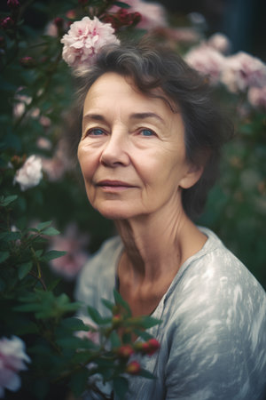 Portrait of a beautiful mature woman with flowers in the garden.の素材