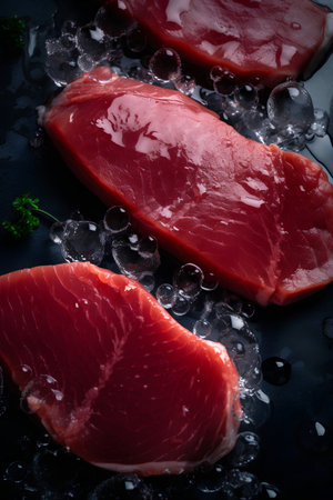 Fresh raw tuna fish with ice cubes on black background. Toned.の素材