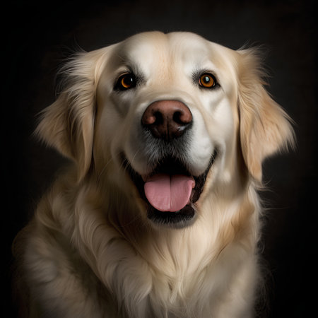 Portrait of a golden retriever dog on a dark background.の素材