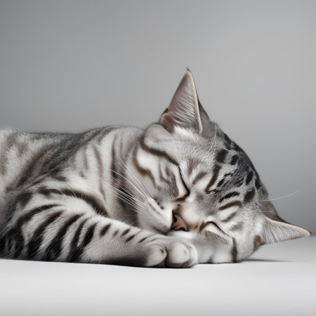 Cute tabby cat sleeping on white background. Studio shot.の素材