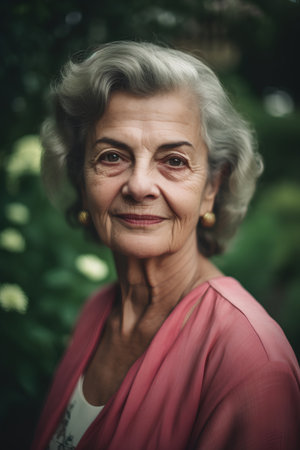 Portrait of a beautiful senior woman in the garden. Selective focus.の素材