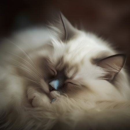 Siberian cat with blue eyes sleeping on white fur closeupの素材
