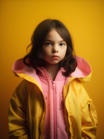 Portrait of a cute little girl in a yellow raincoat on a yellow backgroundの素材